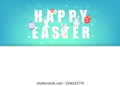 Easter, greeting card, decoration party holiday, adorable rabbit with egg fancy, cute bunny cartoon invitation vector illustration