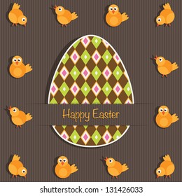 easter greeting card decoration with patterned egg and chicks, eps 10 file with transparencies