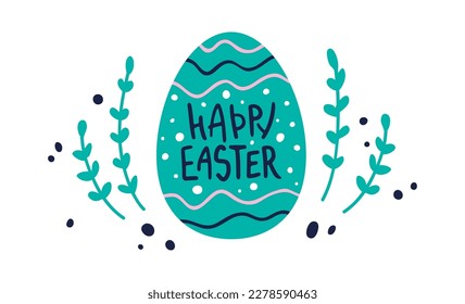 Easter greeting card. Decorative easter egg in flat cartoon graphic style. Happy easter. Handwritten lettering. Mottled egg in green grass.