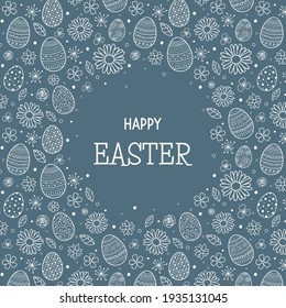 Tarjeta de saludo de Pascua con huevos decorativos y flores. Vector