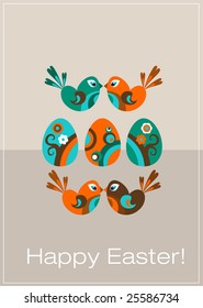 Easter greeting card with decorative eggs and birds, Vector illustration