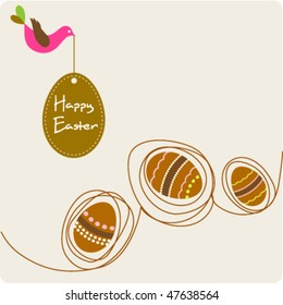Tarjeta de saludo de Pascua con huevos decorativos y pájaro