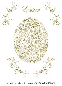 Easter greeting card with decorative floral egg silhouette, delicate twigs with leaves and tendrils, lettering, vector illustration