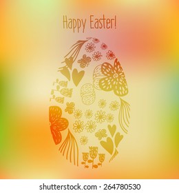 Easter greeting card with decorative hand-drawn egg on a blurred background
