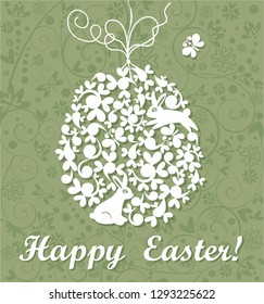 Easter greeting card with decorative hanging cut out paper tree with bunny