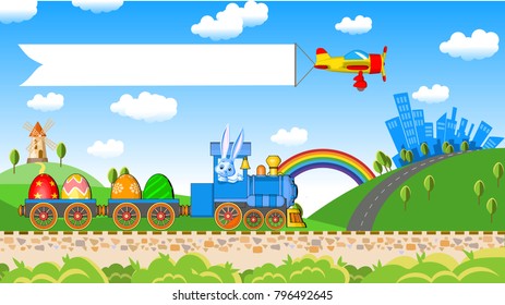Easter greeting card delivery of eggs locomotive carriages driver hare plane banner landscape silhouette city trees rainbow blue sky clouds cartoon style