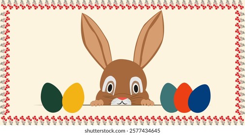 Easter greeting card. The card depicts Easter eggs and a rabbit, with an ornament along the edge of the image.