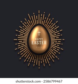 Easter greeting card design. 3d golden egg with type design and sunburst. Vector illustration.