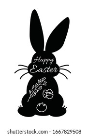 Easter greeting card design with black bunny sitting rabbit back silhouette with white inscription Happy Easter, spring twig and decorated eggs. Vector EPS 10 illustration