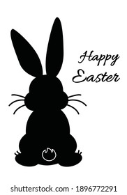 Easter greeting card design with black bunny sitting rabbit back silhouette with white inscription Happy Easter, spring twig and decorated eggs. Vector EPS 10 illustration.