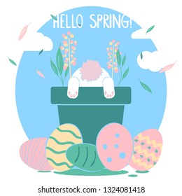 Easter greeting card design. Easter bunny in flower pot vector illustration