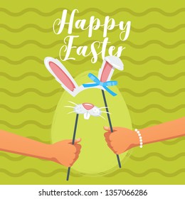 Easter greeting card or design with bunny ears photo prop. Vector illustration with green background.