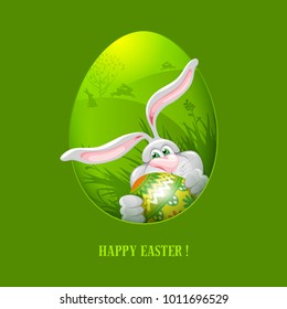 Easter greeting card design with cheerful bunny and painted egg on Green Background. Easter sunny landscape on backdrop. Vector Illustration.