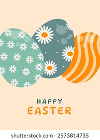 Easter greeting card. Easter design with colorful eggs. Vector illustration in a flat style.