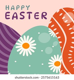 Easter greeting card. Easter design with colorful eggs. Vector illustration in a flat style.