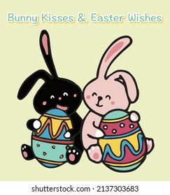 Easter greeting card design. Cute bunnies with Easter eggs. Vector illustration