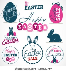 Easter Greeting Card Design Elements, Labels and Badges in Vintage Style. Vector Illustrations