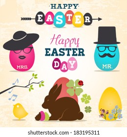 Easter Greeting Card Design Elements, Labels and Badges in Vintage Style. Vector Illustrations