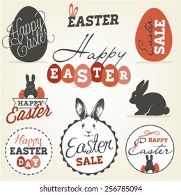 Easter Greeting Card Design Elements, Labels and Badges in Vintage Style. Vector Illustrations