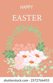 Easter greeting card design with floral wreath and happy message.