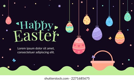 Easter greeting card design with garland hanging decorative drawing eggs. Egg hunt illustration in black dark color background.