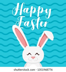 Easter greeting card or design with happy traditional white bunny on blue background. Vector illustration.