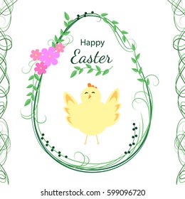 Easter greeting card design. Happy Easter. Floral egg with chick. Vector illustration