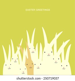 Easter greeting card design with large group of happy rabbits bunnies