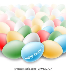 Easter Greeting Card Design with Painted Multicolored Easter Eggs and Inscription Happy Easter. Vector Illustration.