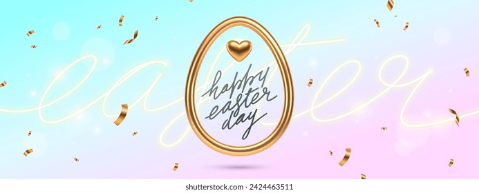 Easter greeting card design. Realistic 3d egg shaped gold metal frame and hand drawn greeting on a background with neon light . Design for greeting card, invitation, flyer. Vector illustration.