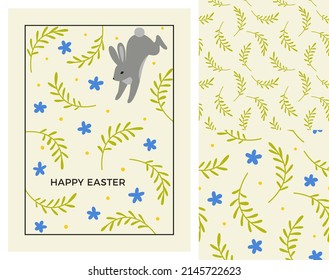 Easter Greeting Card Design with Set of Seamless Patterns. Vector Illustration of Cute Bunny and Florals. Easter Rabbit Holiday Poster