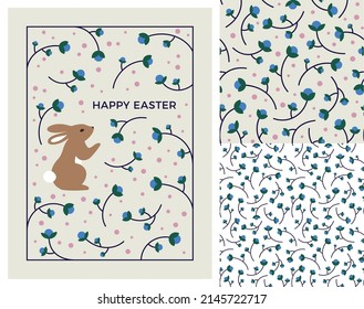 Easter Greeting Card Design and Set of Seamless Patterns. Vector Illustration of Cute Bunny and Florals. Easter Rabbit Holiday Poster
