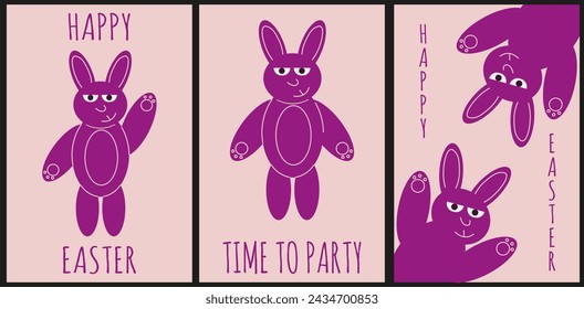 Diseño de tarjeta de felicitación de Pascua. Postal de Pascua con conejito y texto tipográfico. Colección de póster de celebración en estilo plano de moda. Ilustración vectorial. EPS 10 Trazo editable