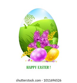 Easter greeting card design with spring flowers and painted eggs on white background. Easter sunny landscape on backdrop. Isolated on white background. Vector Illustration.