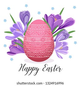 Easter greeting card design. Spring flowers. Easter print design. Colored egg vector. Happy easter card