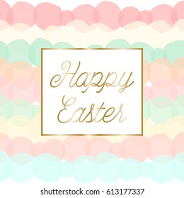 Diseño de tarjetas de felicitación de Pascua con el texto "Feliz Pascua" en oro y coloridas burbujas rosa pastel, verde, azul y amarillo en el fondo.