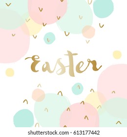 Easter greeting card design with text "Happy Easter" in gold and colorful pastel pink, green, blue and yellow bubbles in the background.