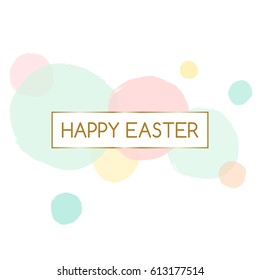 Easter greeting card design with text "Happy Easter" in gold and colorful pastel pink, green, blue and yellow bubbles in the background.