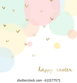 Easter greeting card design with text "Happy Easter" in gold and colorful pastel pink, green, blue and yellow bubbles in the background.