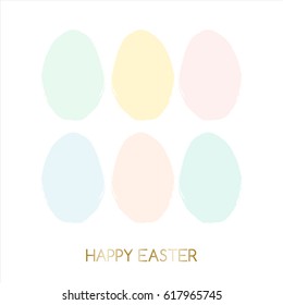 Easter greeting card design with text "Happy Easter" in gold and colorful pastel pink, green,blue and yellow Easter eggs in the background.