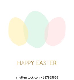 Easter greeting card design with text "Happy Easter" in gold and colorful pastel pink, green and yellow Easter eggs in the background.