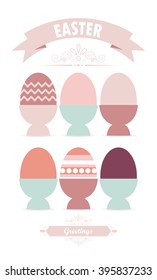 Easter greeting card design.
Vector illustration of the side view of six Easter eggs arranged on the white background. 
Big decorative ribbon with the word "Easter" written on the top of the image.