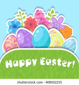 Easter greeting card with different flowersand eggs. Paper stylized