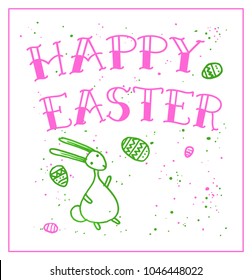 Easter greeting card with doodle rabbit hand drawn with a green and pink felt-tip pens