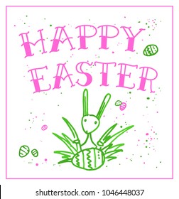 Easter greeting card with doodle rabbit hand drawn with a green and pink felt-tip pens