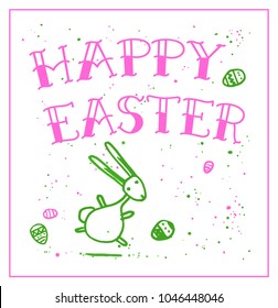 Easter greeting card with doodle rabbit hand drawn with a green and pink felt-tip pens