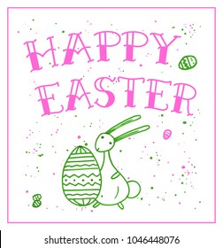 Easter greeting card with doodle rabbit hand drawn with a green and pink felt-tip pens