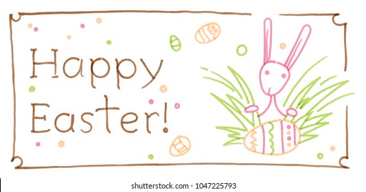 Easter greeting card with doodle rabbit hand drawn with a color felt-tip pens