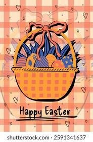 Easter greeting card in doodle style with lettering. Poster with basket filled with Easter eggs. Vector template for banner, post, advertisement