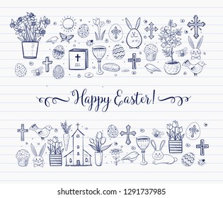Easter greeting card with easter doodles on lined paper.